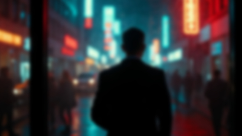 夜のネオン街を歩く男性